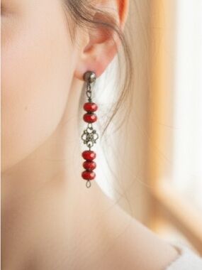 HAND CRAFTED RED CZECH GLASS AND GUNMETAL DANGLE EARRINGS Bohemian Festival